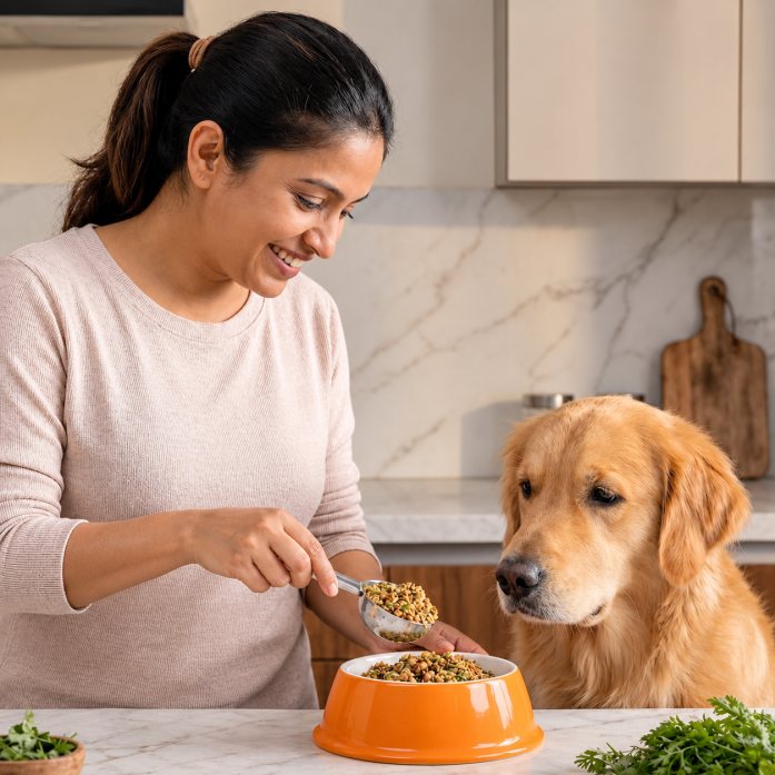 Pet parent measuring the right portion of food for her dog