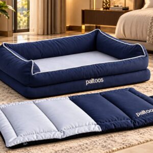 Paltoos 2-in-1 Orthopedic Dog Bed in Navy Blue with its matching travel mat