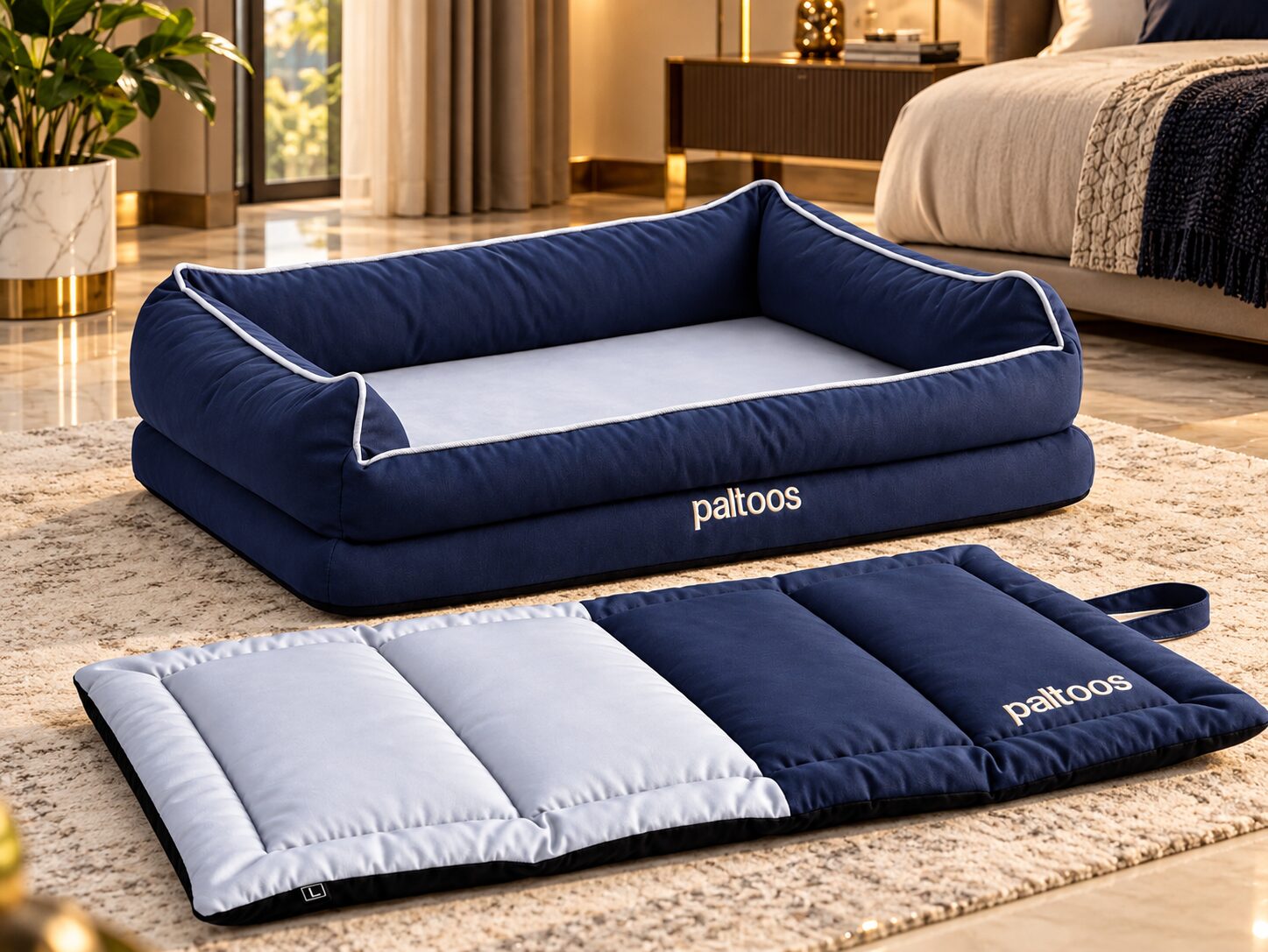 Paltoos 2-in-1 Orthopedic Dog Bed in Navy Blue with its matching travel mat