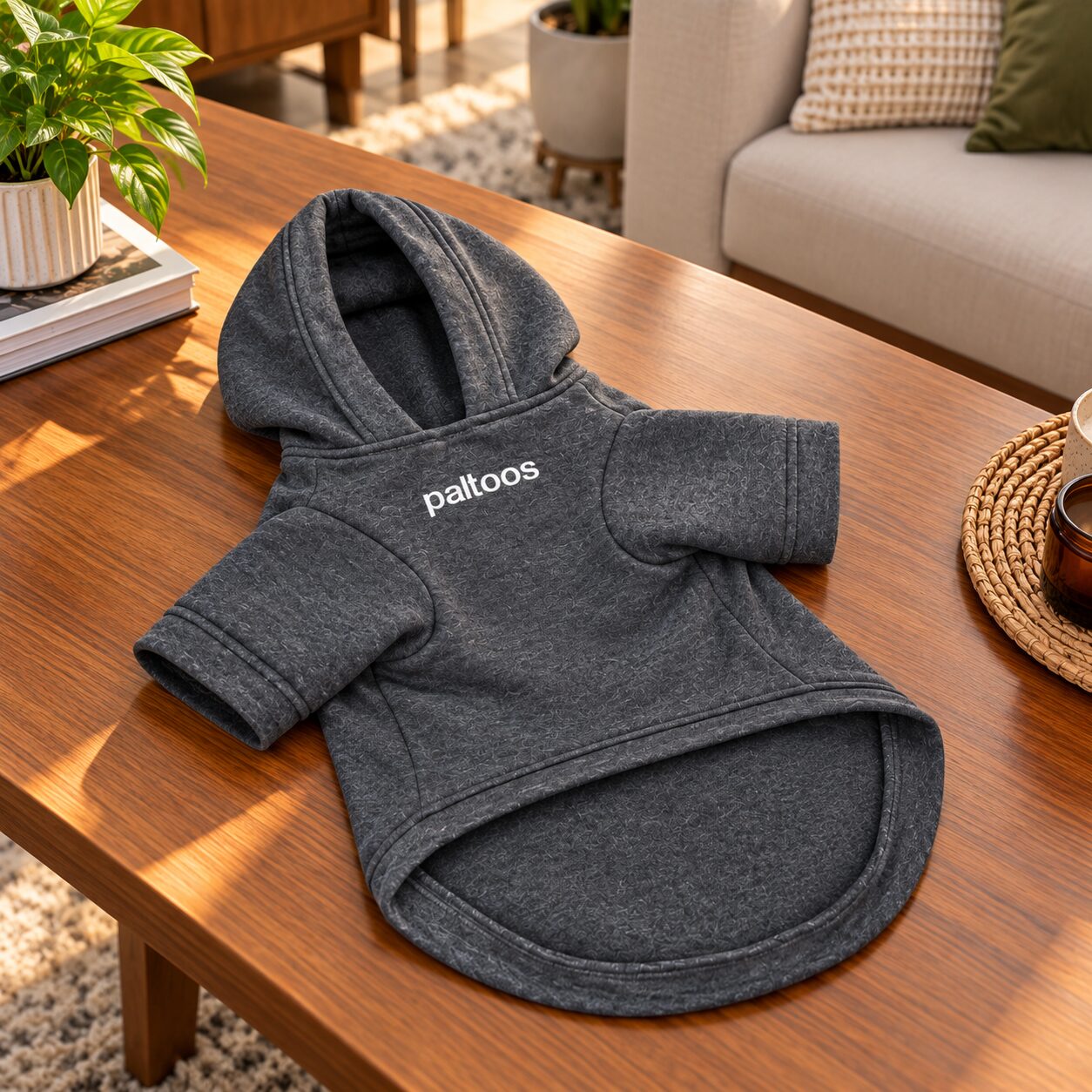 Paltoos premium cotton dog hoodie in Grey laid flat