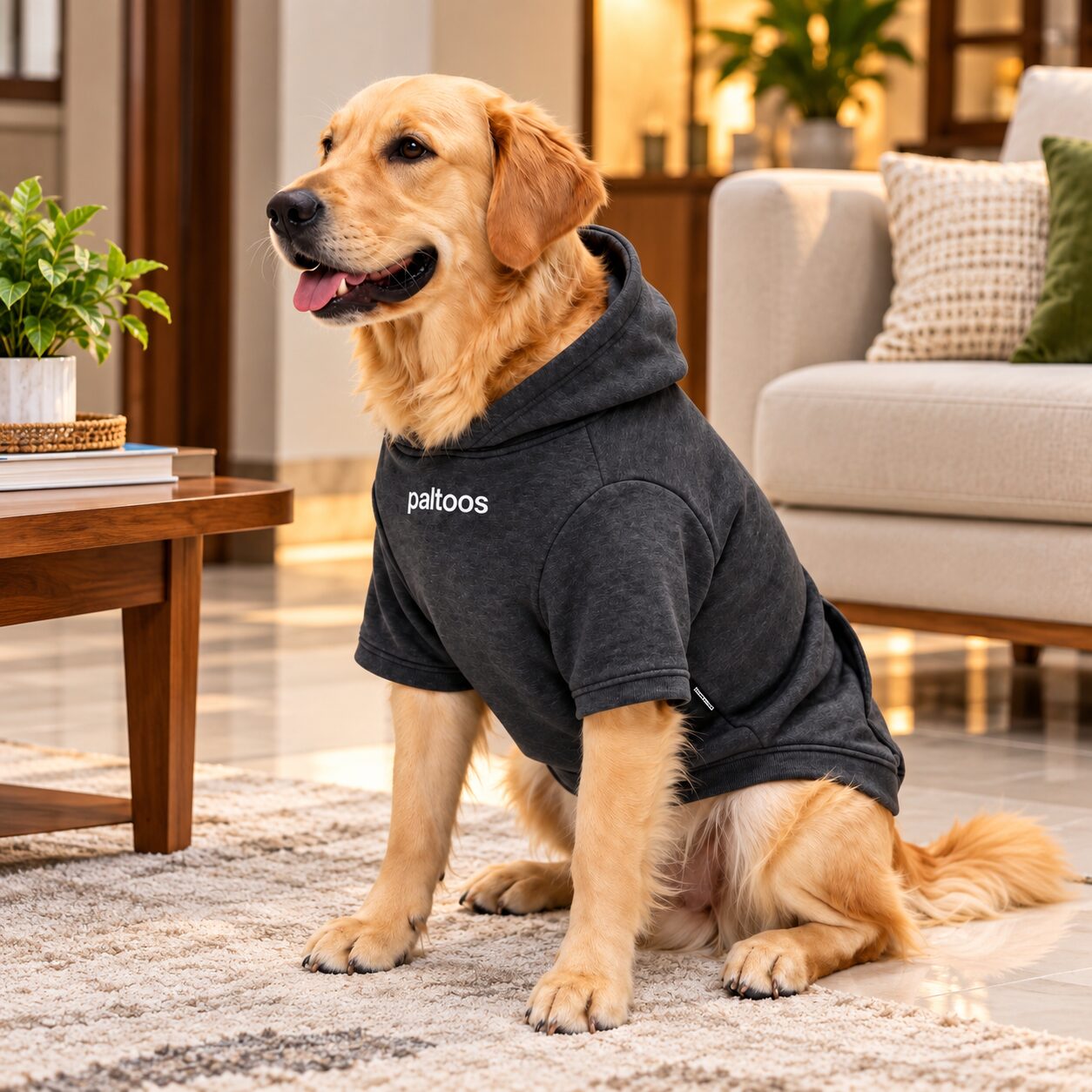 Golden Retriever sitting in the Paltoos premium cotton dog hoodie in Grey with Paltoos embroidery