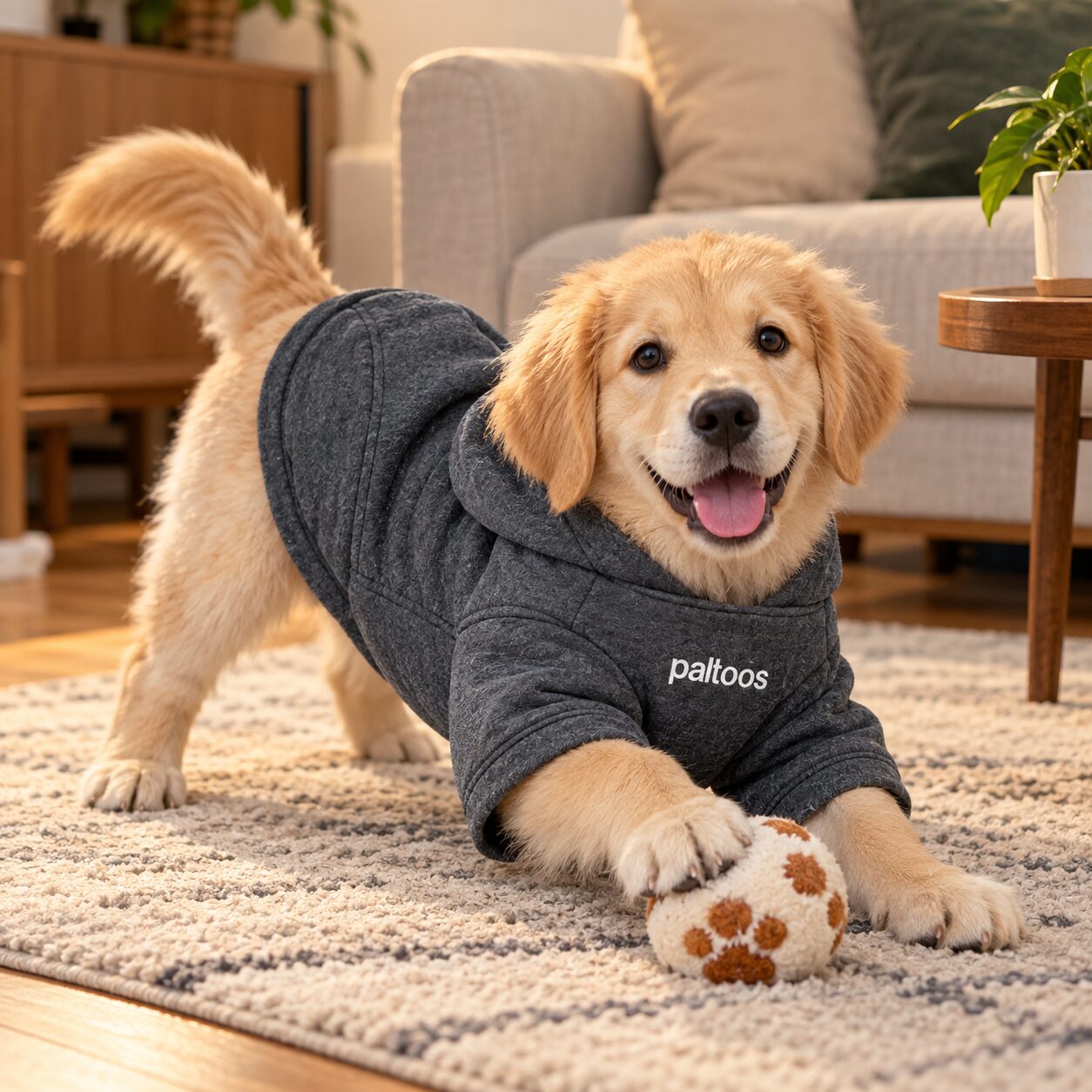 Golden Retriever puppy playing in the Paltoos premium cotton dog hoodie in Grey