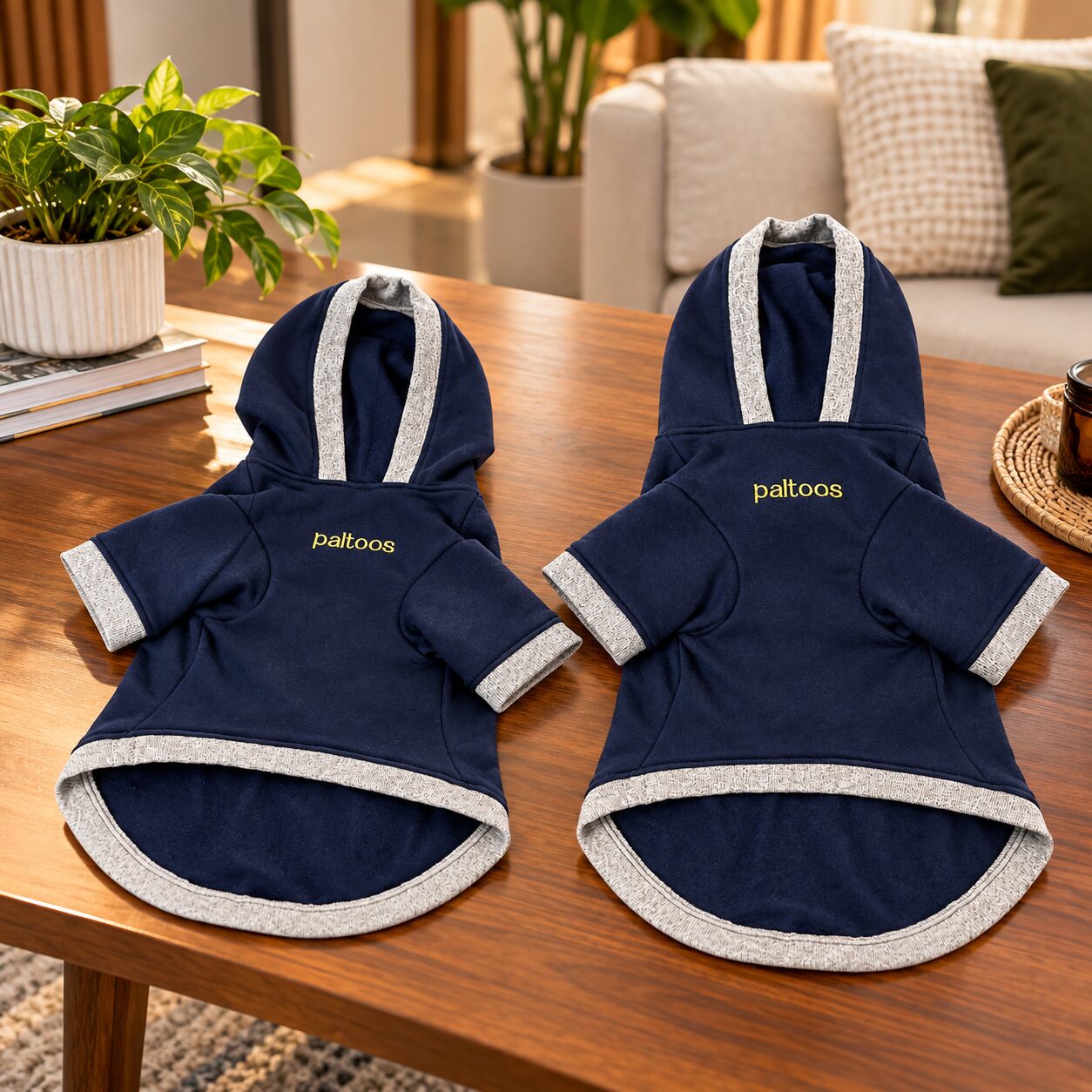 Two Paltoos premium cotton dog hoodies in Navy Blue with Paltoos embroidery