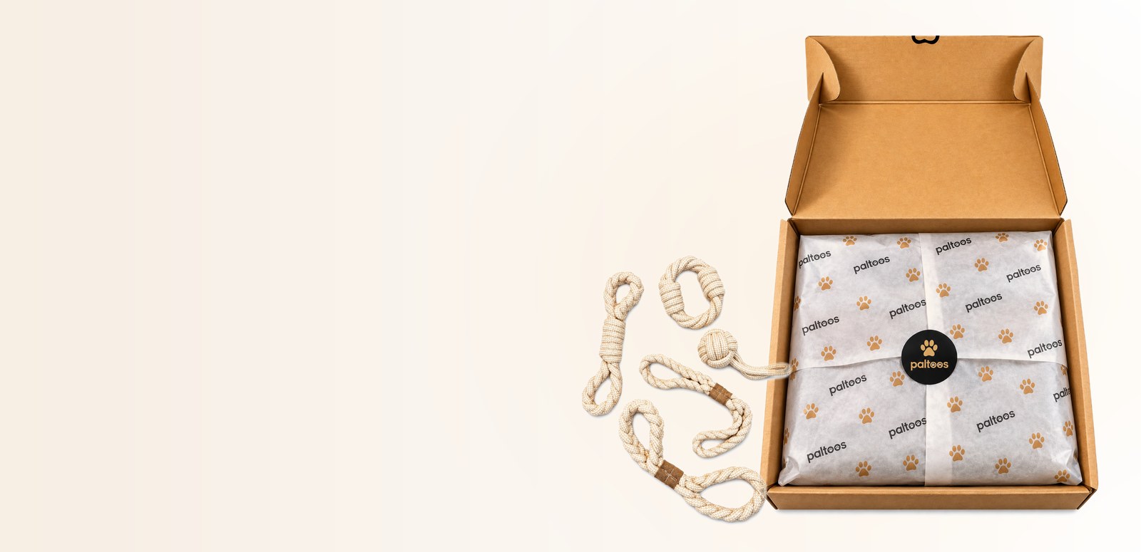 Paltoos Premium Jute & Cotton Toys Gift Set, open gift box with 5 jute and cotton rope dog toys