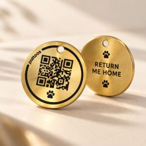 Paltoos Guardian QR Tag, brass pet ID tag with QR code on the front and 'Return Me Home' on the back