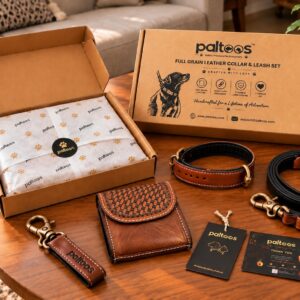 Paltoos Heritage Leather Set: full-grain leather collar, leash, treat pouch and key chain with gift box