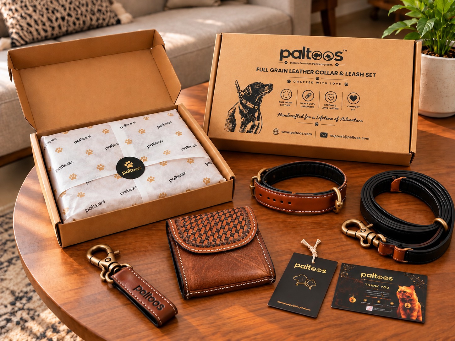 Paltoos Heritage Leather Set: full-grain leather collar, leash, treat pouch and key chain with gift box