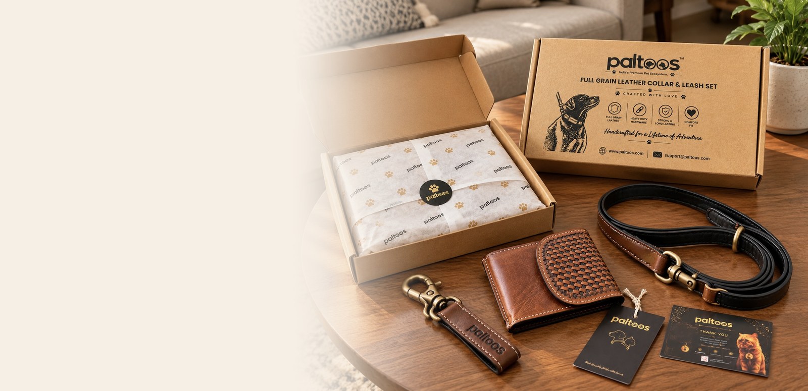 Paltoos Heritage Leather Set, full-grain leather collar, leash, treat pouch and key chain with gift box