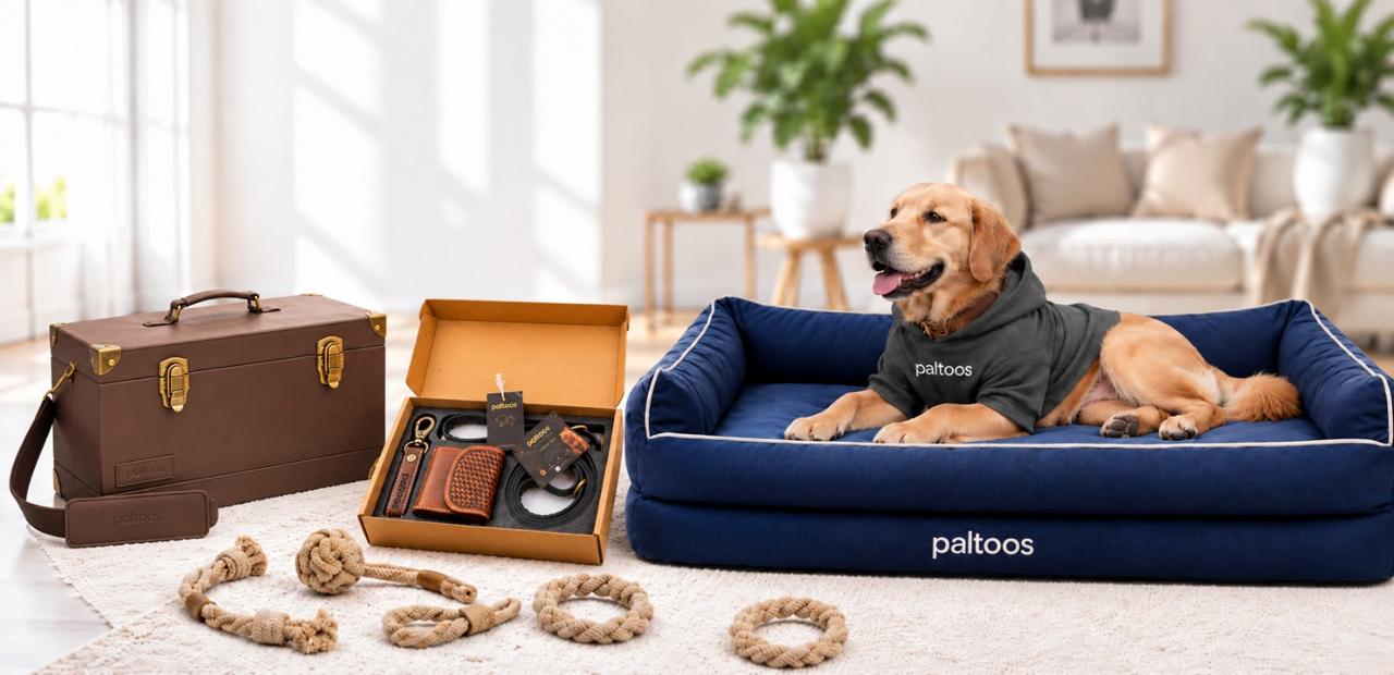 Golden Retriever in a Paltoos hoodie on the Paltoos 2-in-1 Orthopedic Bed in Navy Blue, with the Paltoos Travel Bag, Heritage Leather Set and rope toys
