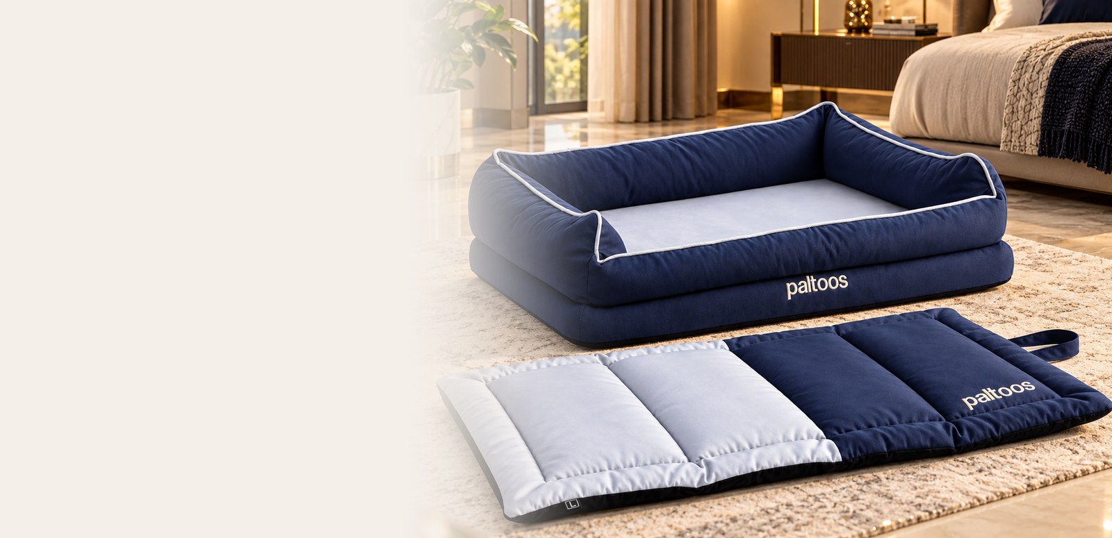 Paltoos 2-in-1 Orthopedic Bed in Navy Blue with matching travel mat