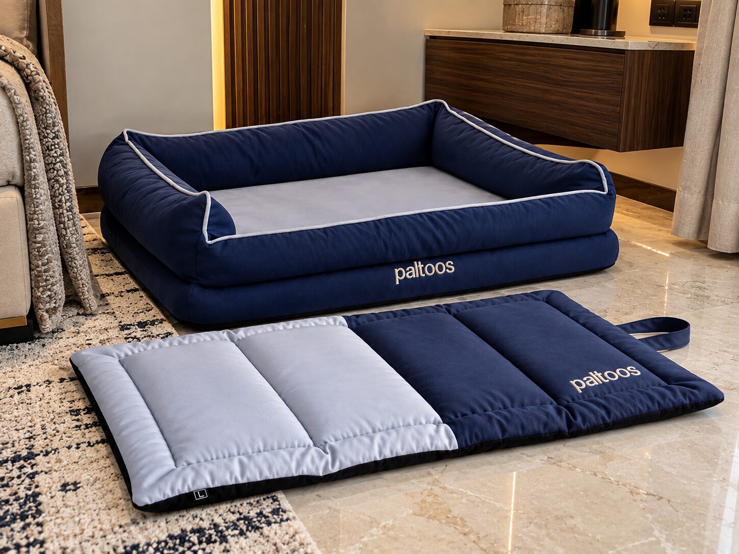Paltoos 2-in-1 Orthopedic Dog Bed and matching travel mat in Navy Blue