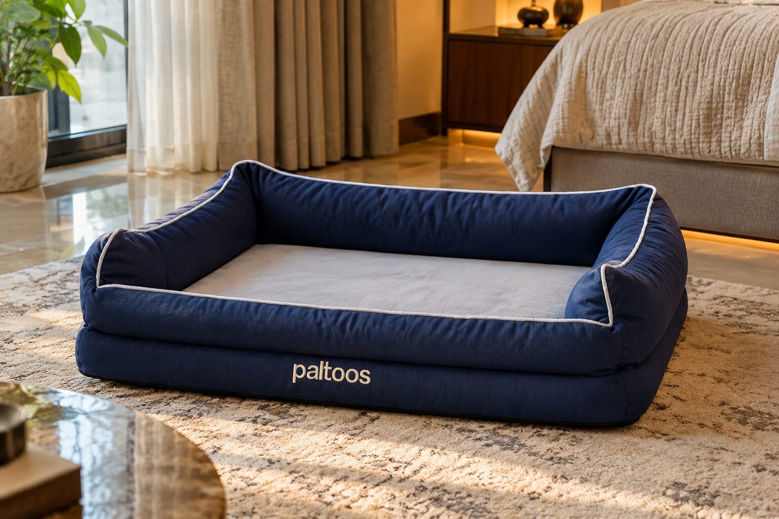 Paltoos 2-in-1 Orthopedic Dog Bed in Navy Blue with plush bolsters and premium canvas