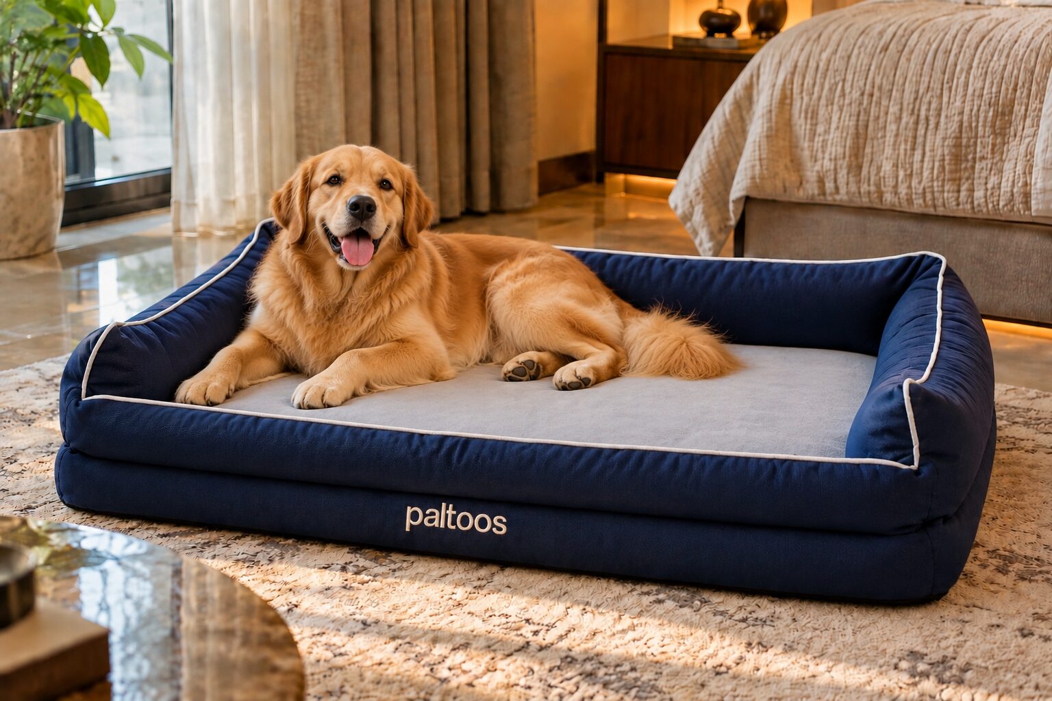 Golden Retriever relaxing on the Paltoos 2-in-1 Orthopedic Dog Bed in Navy Blue