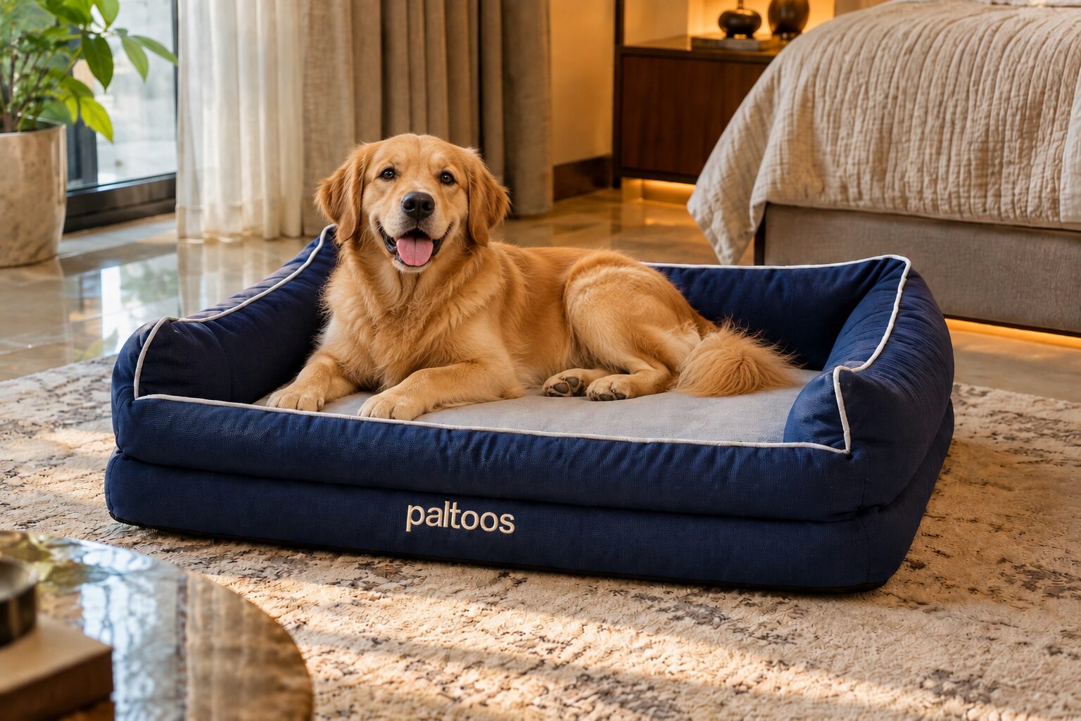 Golden Retriever lying on the Paltoos 2-in-1 Orthopedic Dog Bed in Navy Blue