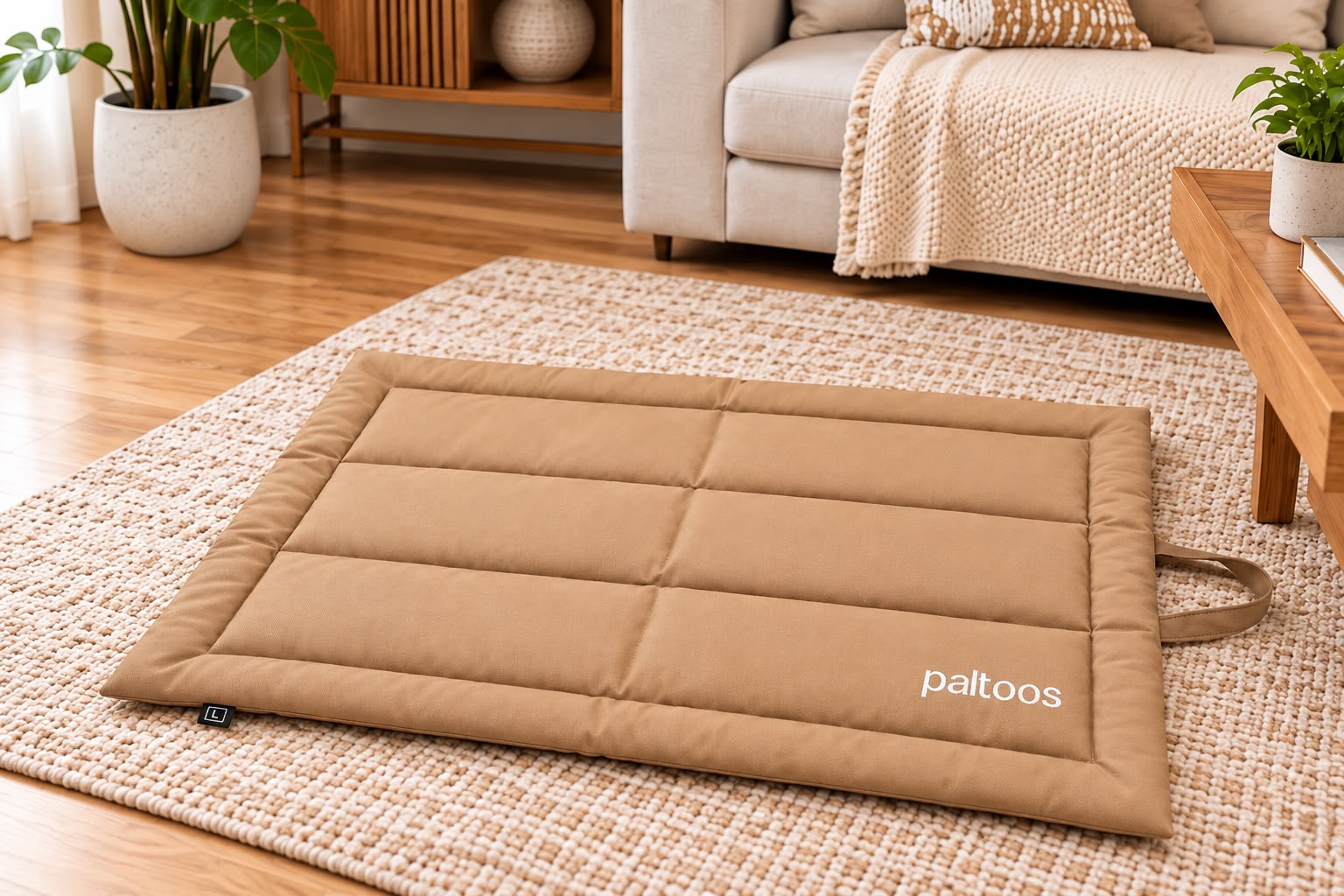 Paltoos Premium Travel Mat in Beige, quilted padded dog mat with carry handle in a living room