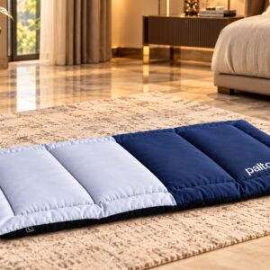 Paltoos Premium Travel Mat in Navy Blue and light grey, quilted padded dog mat with carry handle