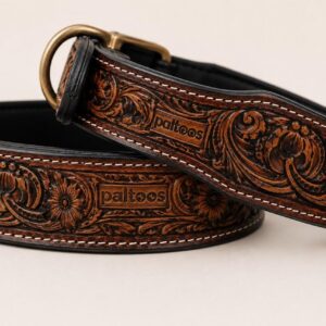 Paltoos Signature Leash & Collar Set, hand-tooled floral leather dog collar with brass D-ring