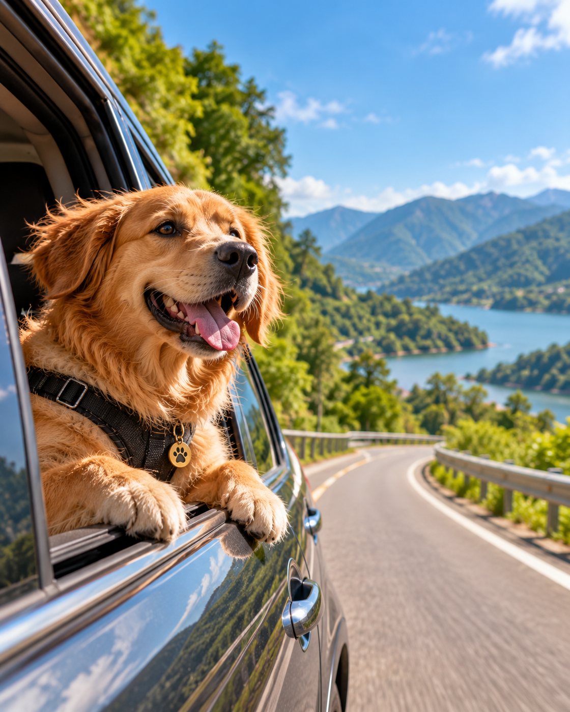Happy dog looking out of a car window on a road trip in India