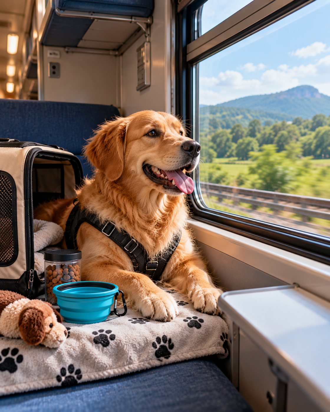 Dog travelling comfortably by train with its own bed and water bowl